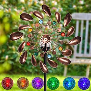 alladinbox solar wind spinner 75in bronze metal with multi-color led changing solar powered glass ball with kinetic windmills dual direction wind sculpture spinners decor for yardwind garden outdoor