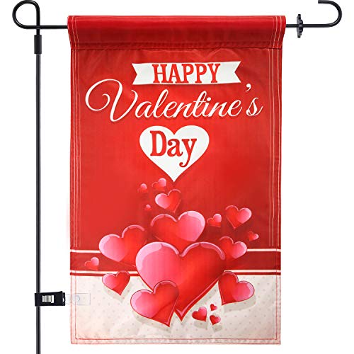 Happy Valentines Day Garden Flag Double Sided Decorations Heart Garden Flag with 1 Rubber Stopper and 1 Clear Anti-wind Clip for Garden Valentines Day Party Supplies, 12 x 18 Inch