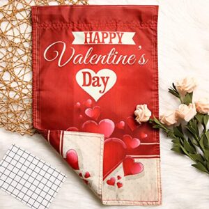 Happy Valentines Day Garden Flag Double Sided Decorations Heart Garden Flag with 1 Rubber Stopper and 1 Clear Anti-wind Clip for Garden Valentines Day Party Supplies, 12 x 18 Inch