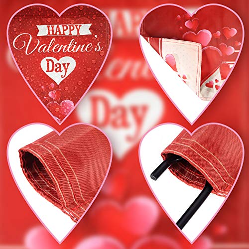Happy Valentines Day Garden Flag Double Sided Decorations Heart Garden Flag with 1 Rubber Stopper and 1 Clear Anti-wind Clip for Garden Valentines Day Party Supplies, 12 x 18 Inch