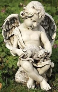 joseph’s studio by roman inc., cherub with kitten, garden collection, religious statue, holy family, memorial, angel, patron saint, garden décor (12x8x7)