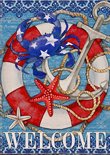 Furiaz Welcome Summer Nautical Crab Decorative Small Garden Flag, Coastal Beach Anchor Lifebuoy Home Outside House Yard Decoration, Starfish Sea Ocean Farmhouse Outdoor Decor Double Sided 12 x 18