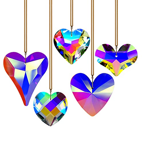 GOLDENHAITAI 5pcs Crystal Heart Suncatcher Prisms Ornament Hanging Crystals Pendant for Window Garden Decoration Rainbow Maker Clear AB 42/45/52/55/68mm