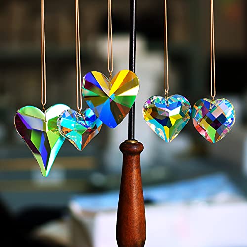 GOLDENHAITAI 5pcs Crystal Heart Suncatcher Prisms Ornament Hanging Crystals Pendant for Window Garden Decoration Rainbow Maker Clear AB 42/45/52/55/68mm