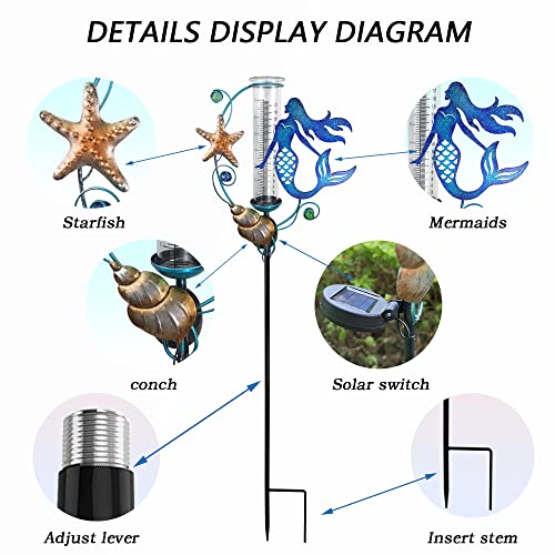 JOYbee Mermaid Solar Powered Rain Gauge Garden Stake,Metal Mermaid Stake with Replacement 7" Capacity Glass Tube, LED Lights Glass Tube (Solar Rain Gauge),Decoration for Yard Lawn Outside