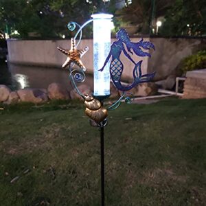 JOYbee Mermaid Solar Powered Rain Gauge Garden Stake,Metal Mermaid Stake with Replacement 7" Capacity Glass Tube, LED Lights Glass Tube (Solar Rain Gauge),Decoration for Yard Lawn Outside