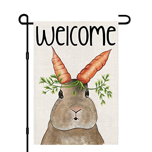 Easter Bunny Garden Flag 12x18 Inch Burlap Double Sided Outside, Welcome Easter Carrot Holiday Sign Yard Outdoor Decoration DF218