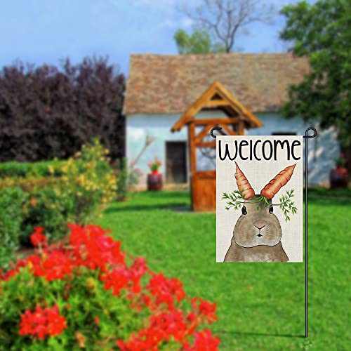 Easter Bunny Garden Flag 12x18 Inch Burlap Double Sided Outside, Welcome Easter Carrot Holiday Sign Yard Outdoor Decoration DF218