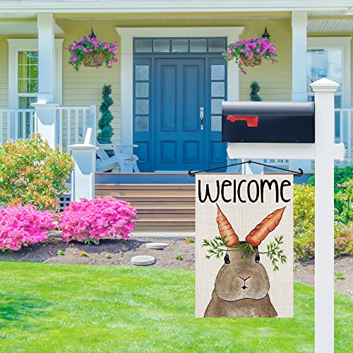 Easter Bunny Garden Flag 12x18 Inch Burlap Double Sided Outside, Welcome Easter Carrot Holiday Sign Yard Outdoor Decoration DF218