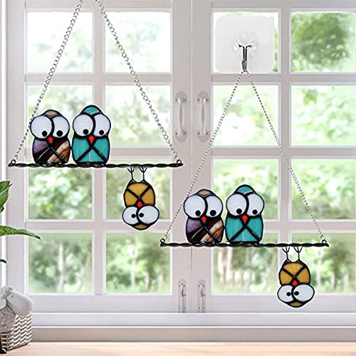 Multicolor Owls on a Wire High Stained Glass Suncatcher Panel, Bird Suncatcher for Windows Doors Room Home Decoration Hummingbird Ornamentand Gifts for Bird Lovers