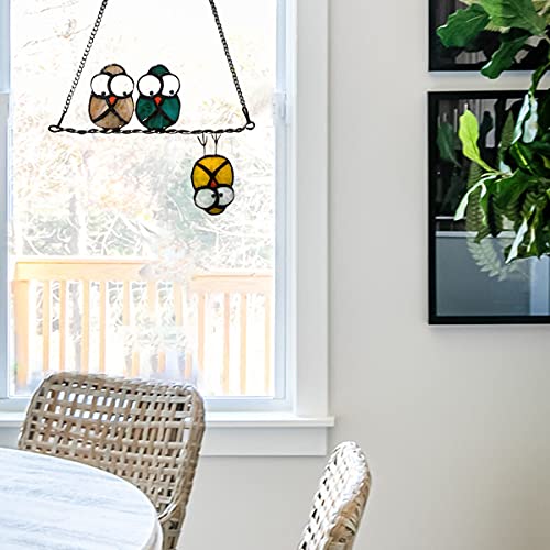 Multicolor Owls on a Wire High Stained Glass Suncatcher Panel, Bird Suncatcher for Windows Doors Room Home Decoration Hummingbird Ornamentand Gifts for Bird Lovers