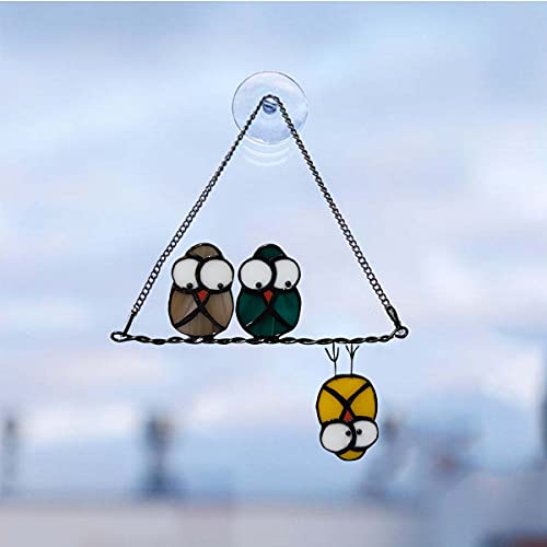Multicolor Owls on a Wire High Stained Glass Suncatcher Panel, Bird Suncatcher for Windows Doors Room Home Decoration Hummingbird Ornamentand Gifts for Bird Lovers