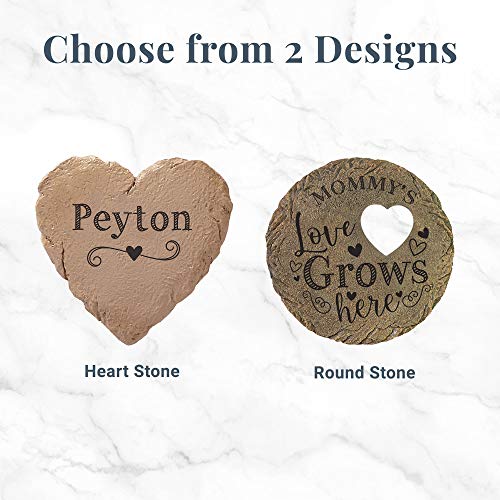 Let's Make Memories - Personalized Garden Stone - Love Grows Here Heart Garden Stone - Customize with Any Name - Made of Durable Resin - Realistic Stone Texture - Heart Shape, 6.75" Diameter