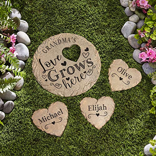 Let's Make Memories - Personalized Garden Stone - Love Grows Here Heart Garden Stone - Customize with Any Name - Made of Durable Resin - Realistic Stone Texture - Heart Shape, 6.75" Diameter