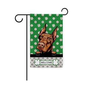 MALIHONG St.Patrick Day Polka Dot Shamrock Clover Garden Flag Doberman Dog 12.5x18 Inch Double Sided Dog Prints Small Flag Outdoor Yard Decoration Banner