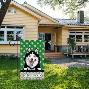 MALIHONG St.Patrick Day Polka Dot Shamrock Clover Garden Flag Doberman Dog 12.5x18 Inch Double Sided Dog Prints Small Flag Outdoor Yard Decoration Banner