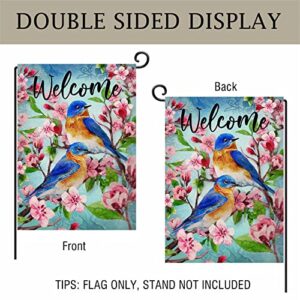 Artofy Welcome Spring Bluebird Home Decorative Birds Garden Flag, Yard Outside Decor, Summer Flowers Outdoor Small Burlap Decoration Double Sided 12 x 18