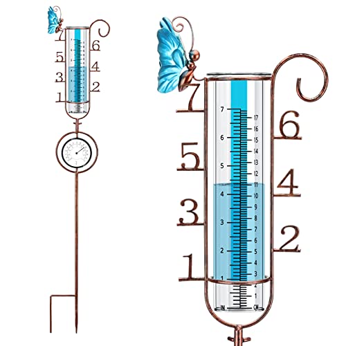 VANCORE 32 Inch Rain Gauge Outdoor with Waterproof Thermometer, 7 Inch Rain Guage Easy to Read, Detachable Rustproof Metal Frame with Replacement Glass Tube, Butterfly Decor for Yard & Garden