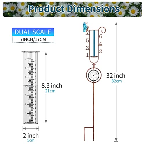 VANCORE 32 Inch Rain Gauge Outdoor with Waterproof Thermometer, 7 Inch Rain Guage Easy to Read, Detachable Rustproof Metal Frame with Replacement Glass Tube, Butterfly Decor for Yard & Garden