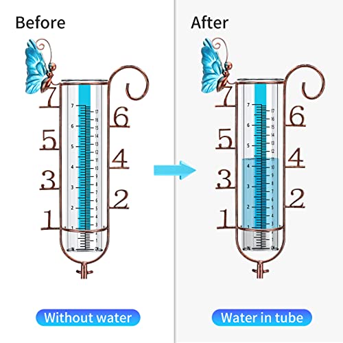 VANCORE 32 Inch Rain Gauge Outdoor with Waterproof Thermometer, 7 Inch Rain Guage Easy to Read, Detachable Rustproof Metal Frame with Replacement Glass Tube, Butterfly Decor for Yard & Garden