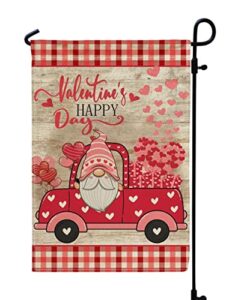 valentines day gnome truck garden flag 12×18 double sided, red pink happy valentine’s day decor outdoor home cute sign, day flag for outside