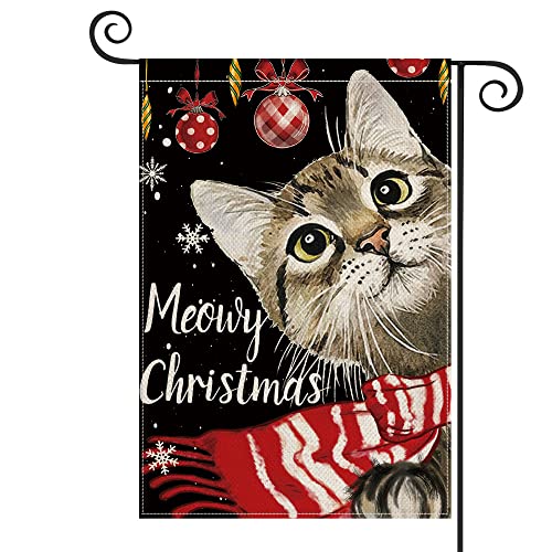 AVOIN colorlife Meowy Christmas Cat with Scarf Ornament Snowflake Garden Flag Double Sided, Winter Holiday Yard Outdoor Decoration 12x18 Inch