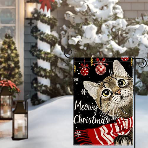 AVOIN colorlife Meowy Christmas Cat with Scarf Ornament Snowflake Garden Flag Double Sided, Winter Holiday Yard Outdoor Decoration 12x18 Inch