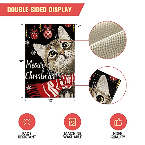 AVOIN colorlife Meowy Christmas Cat with Scarf Ornament Snowflake Garden Flag Double Sided, Winter Holiday Yard Outdoor Decoration 12x18 Inch