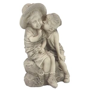 Design Toscano Kissing Kids Boy and Girl Garden Decor Statue, 14 Inch, Polyresin, Antique Stone