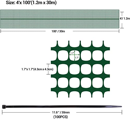 Ohuhu Garden Fence Animal Barrier, 4' x 100' Reusable Netting Plastic Safety Fence Roll, Temporary Pool Fence Snow Fence Economy Construction Fencing Poultry Fence for Deer, Rabbits, Chicken, Dogs