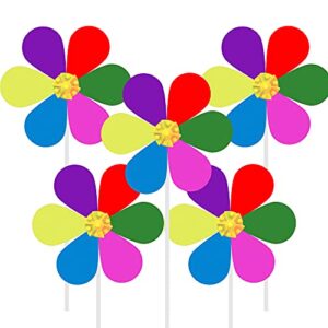 5 piece wind spinner with ground stake, plastic colorful sunflower windmill, 19.7inch flower spinners outdoor, diy wind spinners for decoration outside yard garden sculpture stake lawn kids toy