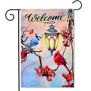ymyield welcome winter garden flags 12×18 double sided vertical decorations, christmas garden flag blue jays cardinals yard outdoor decoration