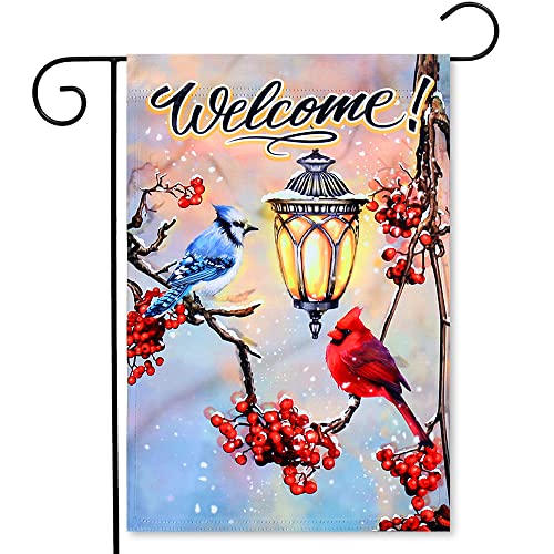 YMYIELD Welcome Winter Garden Flags 12x18 Double Sided Vertical Decorations, Christmas Garden Flag Blue Jays Cardinals Yard Outdoor Decoration