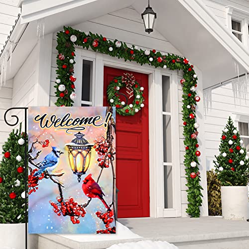 YMYIELD Welcome Winter Garden Flags 12x18 Double Sided Vertical Decorations, Christmas Garden Flag Blue Jays Cardinals Yard Outdoor Decoration