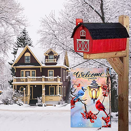 YMYIELD Welcome Winter Garden Flags 12x18 Double Sided Vertical Decorations, Christmas Garden Flag Blue Jays Cardinals Yard Outdoor Decoration