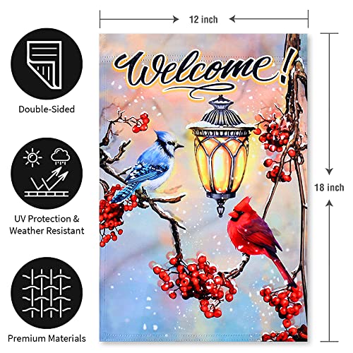 YMYIELD Welcome Winter Garden Flags 12x18 Double Sided Vertical Decorations, Christmas Garden Flag Blue Jays Cardinals Yard Outdoor Decoration