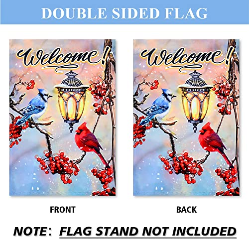 YMYIELD Welcome Winter Garden Flags 12x18 Double Sided Vertical Decorations, Christmas Garden Flag Blue Jays Cardinals Yard Outdoor Decoration
