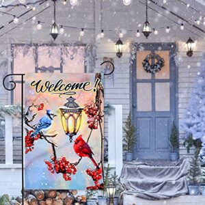 YMYIELD Welcome Winter Garden Flags 12x18 Double Sided Vertical Decorations, Christmas Garden Flag Blue Jays Cardinals Yard Outdoor Decoration