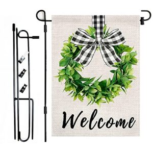 xifan welcome garden flag with holder stand set, heavyweight burlap boxwood wreath flag double sided small 12.5 x 18 inch & black garden flag holder, spring yard farmhouse outdoor decoration