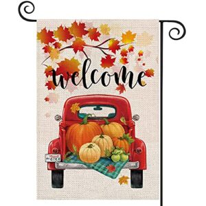 thanksgiving fall welcome garden flags for outside,truck with pumpkins maple leaves,harvest decorative farmhouse flag for patch,12.5 x 18 inch double sided,small thanksgiving yard flags for autumn outdoor decor