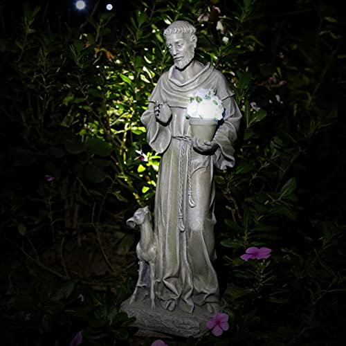 CHRUI St Francis Garden Statues, Solar 20 Inch Saint Francis of Assisi Catholic Christian Yard Decor Lawn Garden Patio Outdoor Sculptures Garden Art Decorations