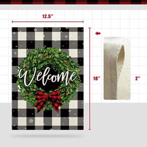 CMEGKE Christmas Garden Flags Welcome Wreath Garden Flag Black White Buffalo Plaid Check Double Sided Winter Yard Flag Holiday Outdoor Flag Home Farmhouse Christmas Decorations Outdoor 12.5 x 18 In