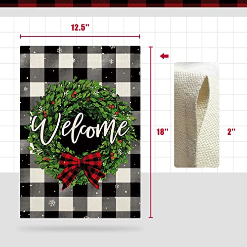 CMEGKE Christmas Garden Flags Welcome Wreath Garden Flag Black White Buffalo Plaid Check Double Sided Winter Yard Flag Holiday Outdoor Flag Home Farmhouse Christmas Decorations Outdoor 12.5 x 18 In