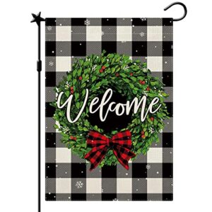 cmegke christmas garden flags welcome wreath garden flag black white buffalo plaid check double sided winter yard flag holiday outdoor flag home farmhouse christmas decorations outdoor 12.5 x 18 in
