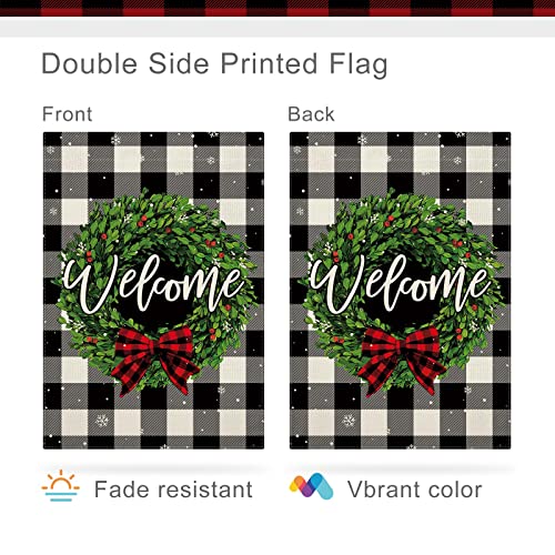 CMEGKE Christmas Garden Flags Welcome Wreath Garden Flag Black White Buffalo Plaid Check Double Sided Winter Yard Flag Holiday Outdoor Flag Home Farmhouse Christmas Decorations Outdoor 12.5 x 18 In