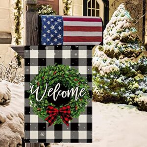 CMEGKE Christmas Garden Flags Welcome Wreath Garden Flag Black White Buffalo Plaid Check Double Sided Winter Yard Flag Holiday Outdoor Flag Home Farmhouse Christmas Decorations Outdoor 12.5 x 18 In