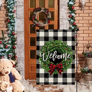 CMEGKE Christmas Garden Flags Welcome Wreath Garden Flag Black White Buffalo Plaid Check Double Sided Winter Yard Flag Holiday Outdoor Flag Home Farmhouse Christmas Decorations Outdoor 12.5 x 18 In