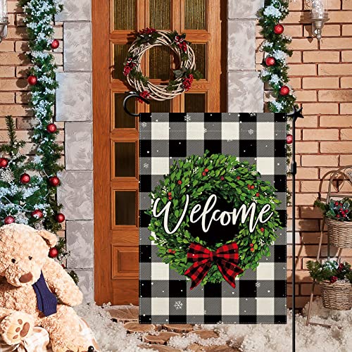 CMEGKE Christmas Garden Flags Welcome Wreath Garden Flag Black White Buffalo Plaid Check Double Sided Winter Yard Flag Holiday Outdoor Flag Home Farmhouse Christmas Decorations Outdoor 12.5 x 18 In