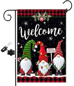 merry christmas garden flag 12×18 double sided,holiday winter garden flag,gnomes welcome yard flags for outside, yard decorations outdoor buffalo plaid (christmas)