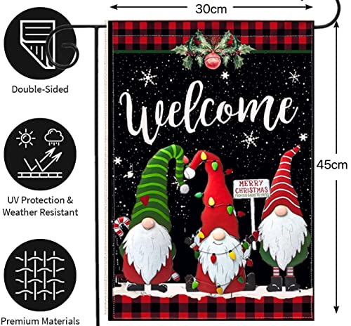 Merry Christmas Garden Flag 12x18 Double Sided,Holiday Winter Garden Flag,Gnomes Welcome Yard Flags for Outside, Yard Decorations Outdoor Buffalo Plaid (Christmas)